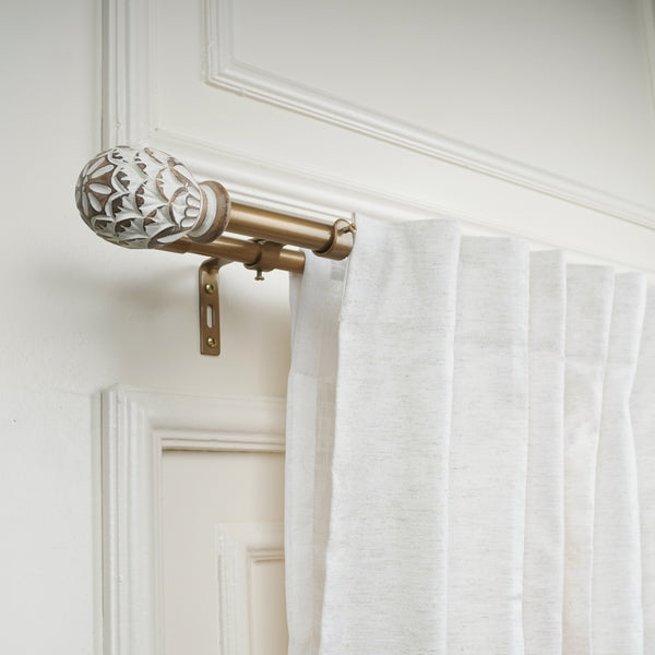 Distressed White Carved Wood Finial Extendable Double Curtain Rod Gold 19MM (Hardware Included)