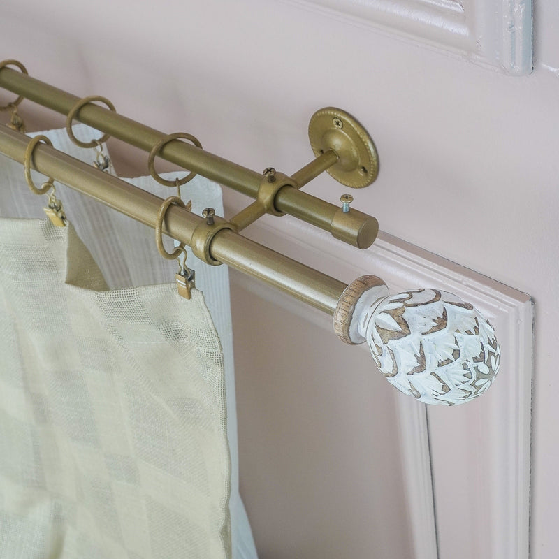 Distressed White Carved Wood Finial Extendable Double Curtain Rod Gold 19MM (Hardware Included)