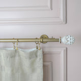 Distressed White Carved Wood Finial Extendable Double Curtain Rod Gold 19MM (Hardware Included)