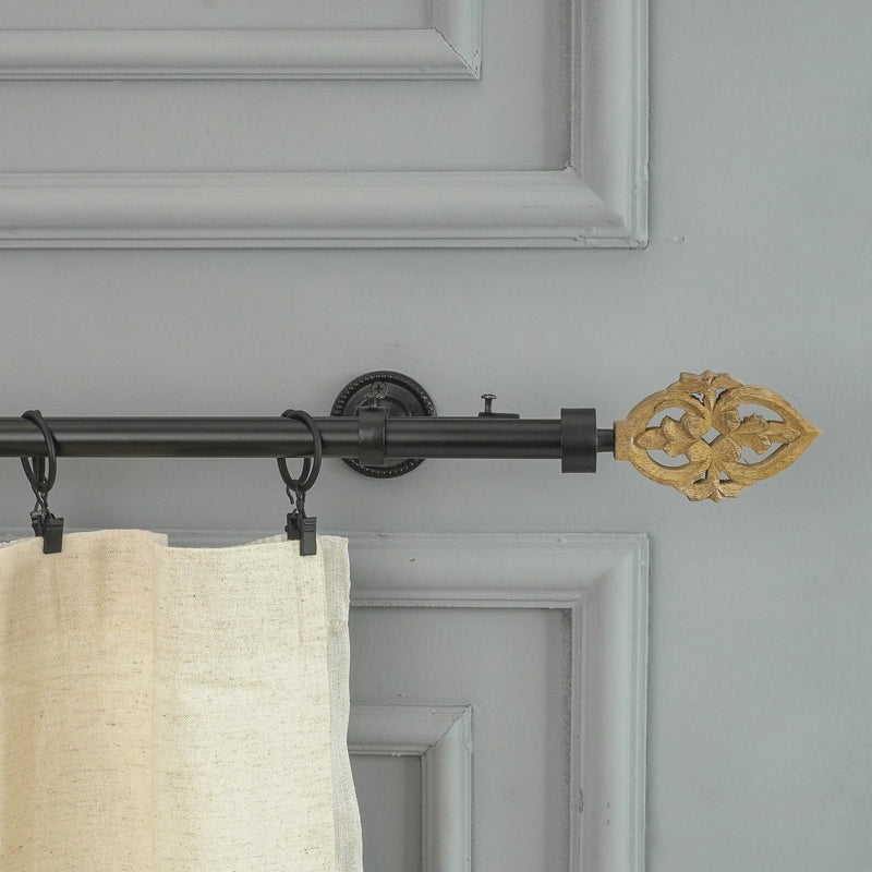 Brown Baroque Wood Finial Extendable Double Curtain Rod Black 19MM (Hardware Included)