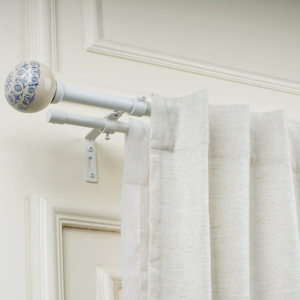 Rococo Ceramic Finial Extendable Double Curtain Rod White 19MM (Hardware Included)