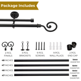 Spiral Metal Finial Extendable Double Curtain Rod Black 19MM (Hardware Included)