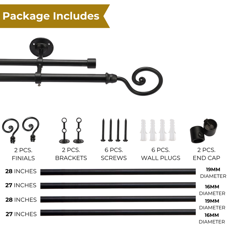 Spiral Metal Finial Extendable Double Curtain Rod Black 19MM (Hardware Included)