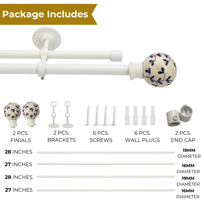 Mughal Ceramic Finial Extendable Double Curtain Rod White 19MM (Hardware Included)