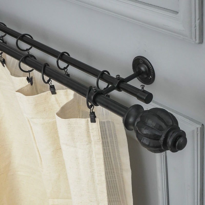 Epitome Wood Finial Extendable Double Curtain Rod Black 19MM (Hardware Included)