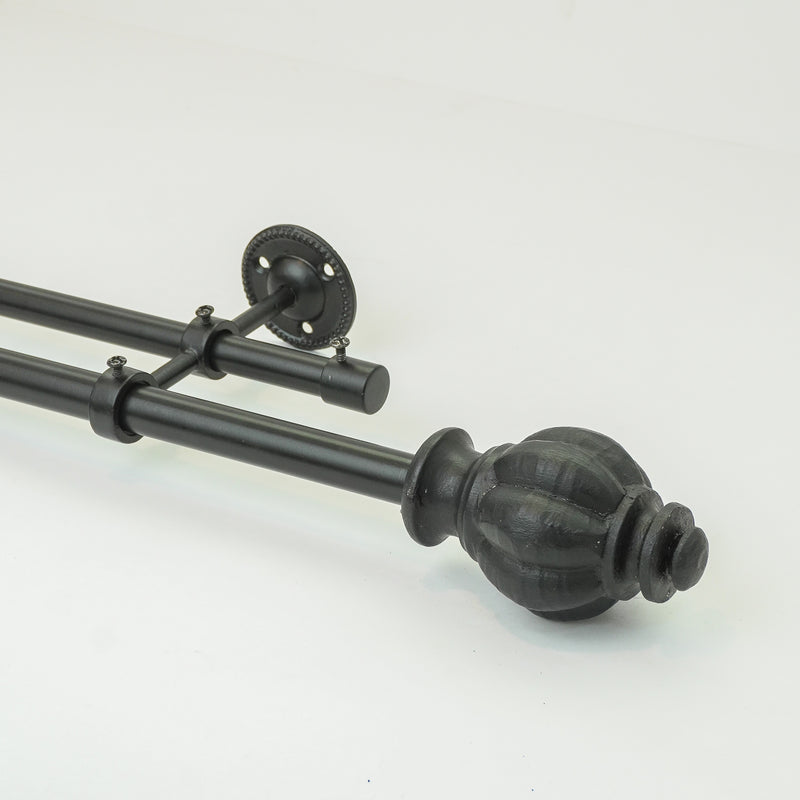 Epitome Wood Finial Extendable Double Curtain Rod Black 19MM (Hardware Included)