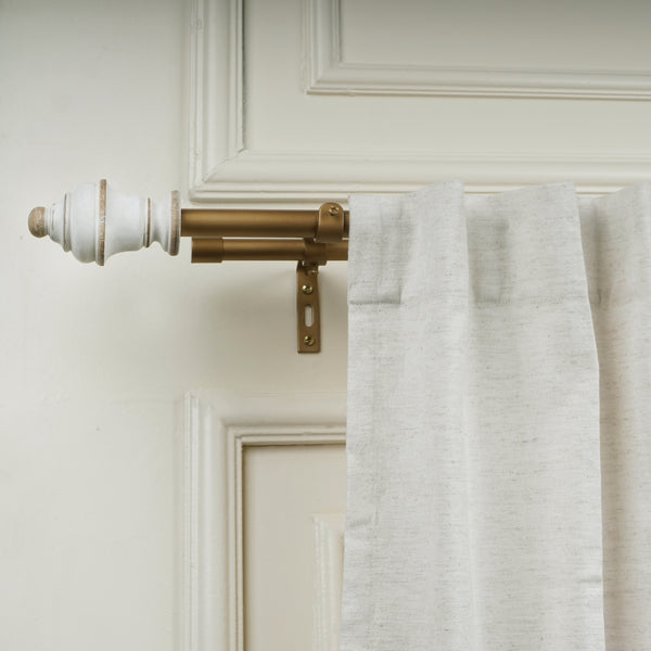 White Distressed Vintage Wooden Finial Extendable Single Double Curtain Rod Golden 19MM (Hardware Included)