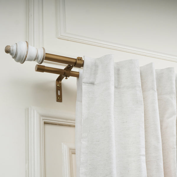 White Distressed Vintage Wooden Finial Extendable Single Double Curtain Rod Golden 19MM (Hardware Included)