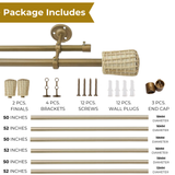 White Distressed Cane Wrap Finial Extendable Single Double Curtain Rod Beige 19MM (Hardware Included)