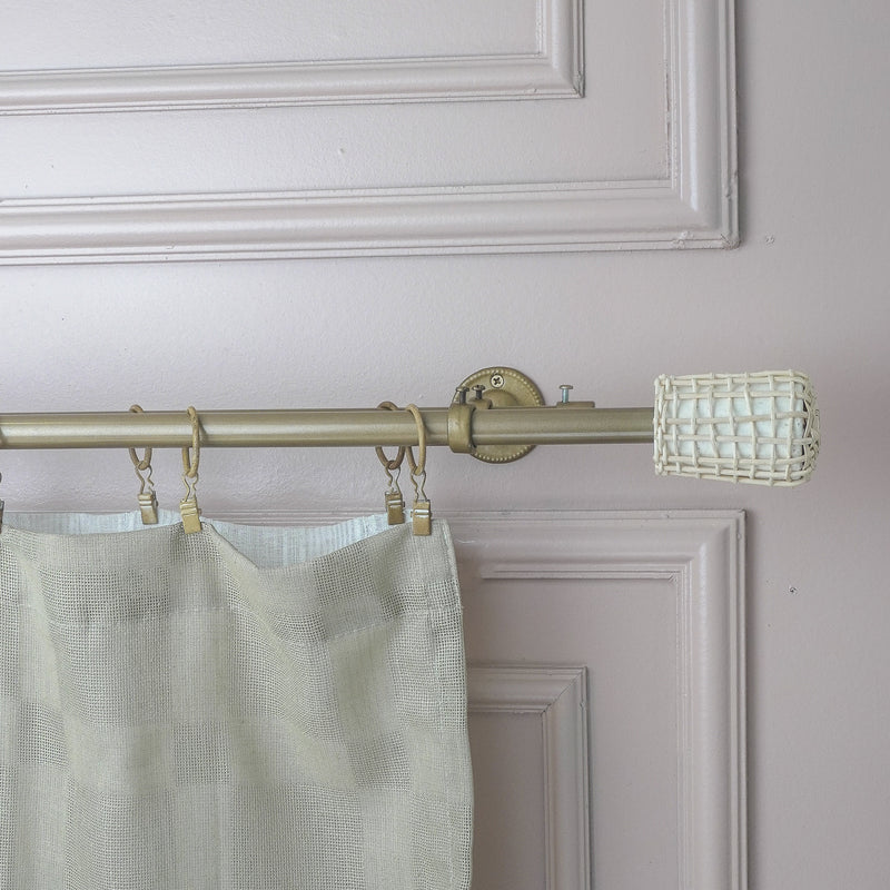 White Distressed Cane Wrap Finial Extendable Single Double Curtain Rod Beige 19MM (Hardware Included)