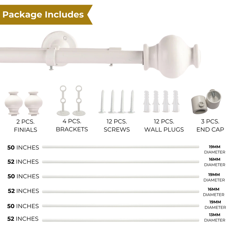 WHITE TYPHO FINIAL EXTENDABLE DOUBLE CURTAIN ROD WHITE 19MM (HARDWARE INCLUDED)