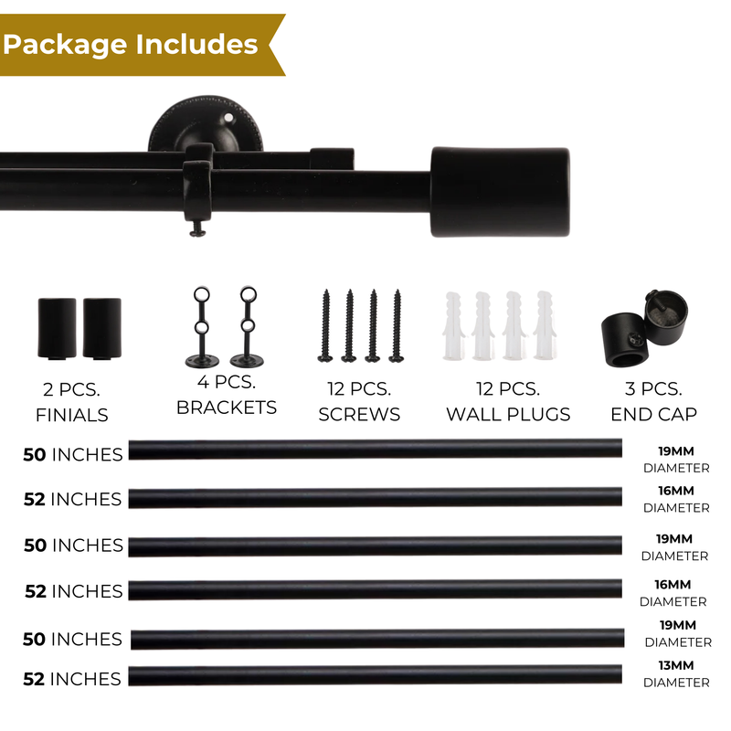 BLACK MATTE FINIAL EXTENDABLE DOUBLE CURTAIN ROD BLACK 19MM (HARDWARE INCLUDED)