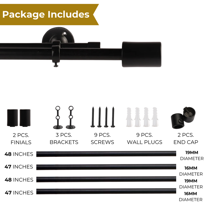 BLACK MATTE FINIAL EXTENDABLE DOUBLE CURTAIN ROD BLACK 19MM (HARDWARE INCLUDED)