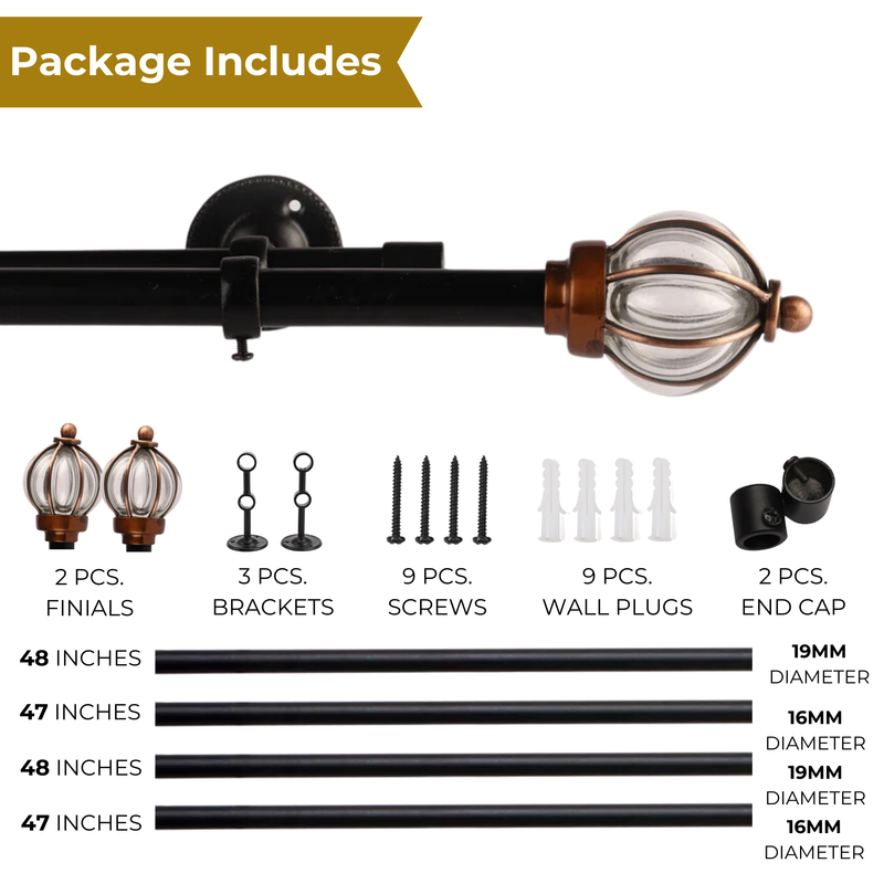 GLASS METAL ROYAL FINIAL EXTENDABLE DOUBLE CURTAIN ROD BLACK 19MM (HARDWARE INCLUDED)