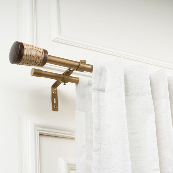 WICKER WOODEN WRAP FINIAL EXTENDABLE DOUBLE CURTAIN ROD GOLD 19MM (HARDWARE INCLUDED)