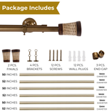 WICKER WOODEN WRAP FINIAL EXTENDABLE DOUBLE CURTAIN ROD GOLD 19MM (HARDWARE INCLUDED)