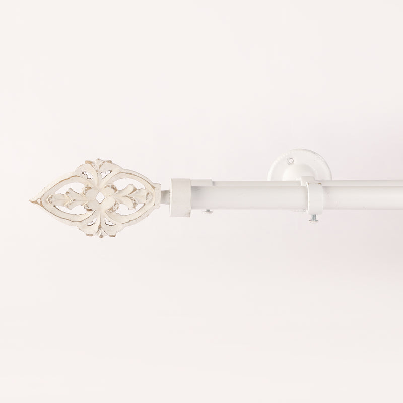 BAROQUE WOOD FINIAL EXTENDABLE DOUBLE CURTAIN ROD WHITE 19MM (HARDWARE INCLUDED)