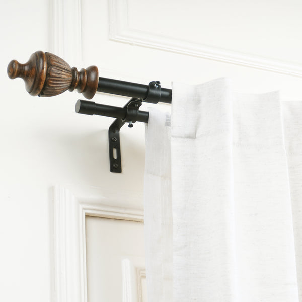 Carved Brown Wood Finial Extendable Double Curtain Rod Black 19MM (Hardware Included)