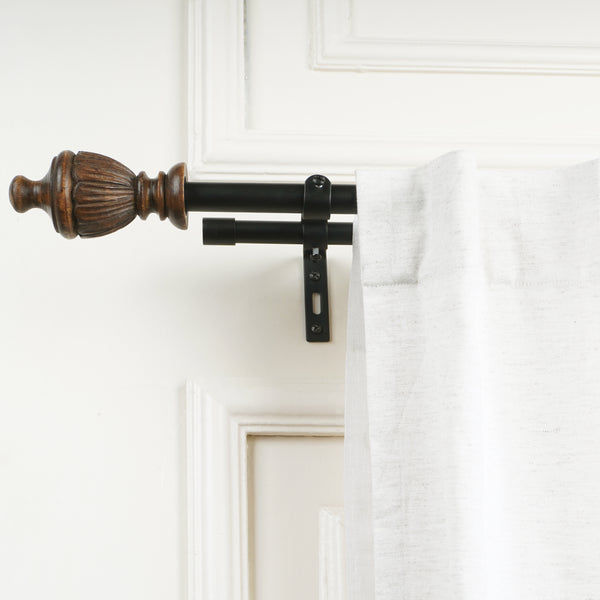 Carved Brown Wood Finial Extendable Double Curtain Rod Black 19MM (Hardware Included)