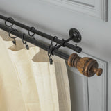 Carved Brown Wood Finial Extendable Double Curtain Rod Black 19MM (Hardware Included)