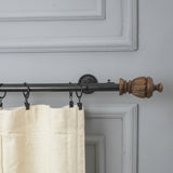 Carved Brown Wood Finial Extendable Double Curtain Rod Black 19MM (Hardware Included)