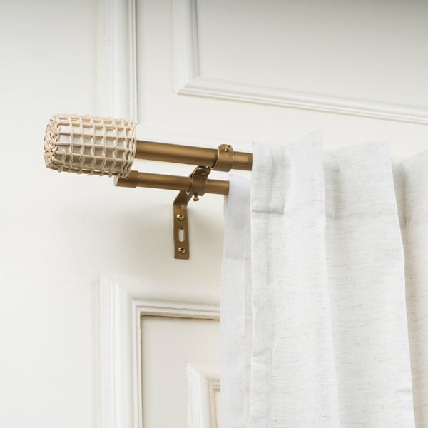 White Distressed Cane Wrap Finial Extendable Single Double Curtain Rod Beige 19MM (Hardware Included)