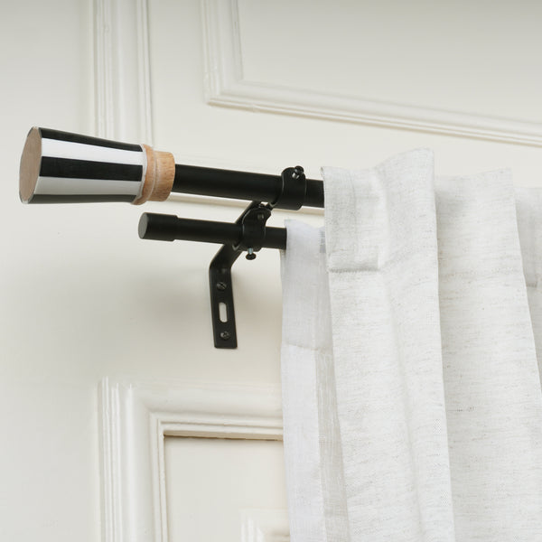 BW Striped Wood Finial Extendable Double Curtain Rod Black 19MM (Hardware Included)