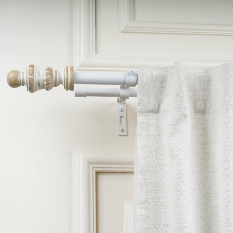 Carved Distressed White Finial Extendable Double Curtain Rod White 19MM (Hardware Included)