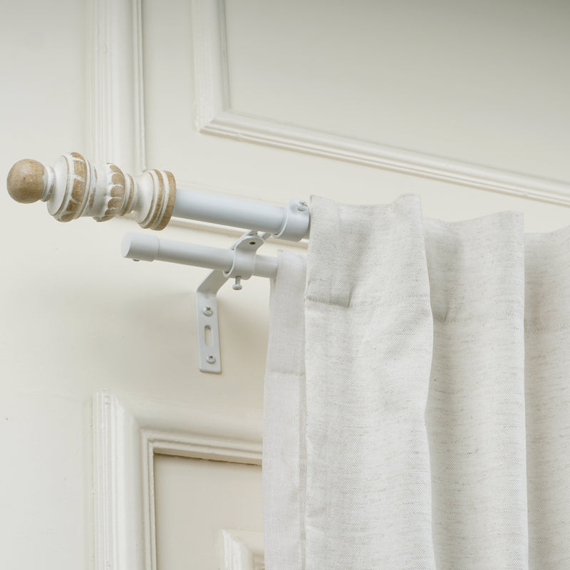 Carved Distressed White Finial Extendable Double Curtain Rod White 19MM (Hardware Included)