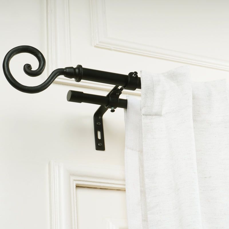 Spiral Metal Finial Extendable Double Curtain Rod Black 19MM (Hardware Included)