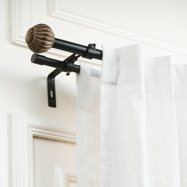 Pomp Wood Finial Extendable Double Curtain Rod Black 19MM (Hardware Included)