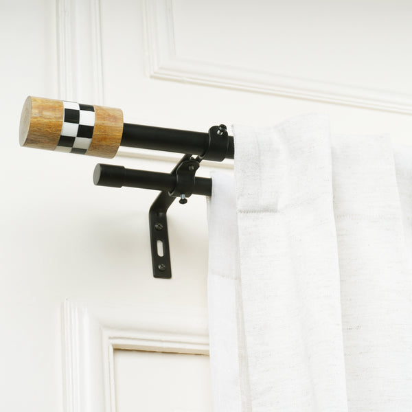 Wooden Checkerd Finial Extendable Double Curtain Rod Black 19MM (Hardware Included)