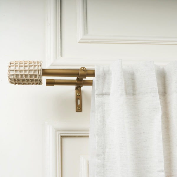 White Distressed Cane Wrap Finial Extendable Single Double Curtain Rod Beige 19MM (Hardware Included)