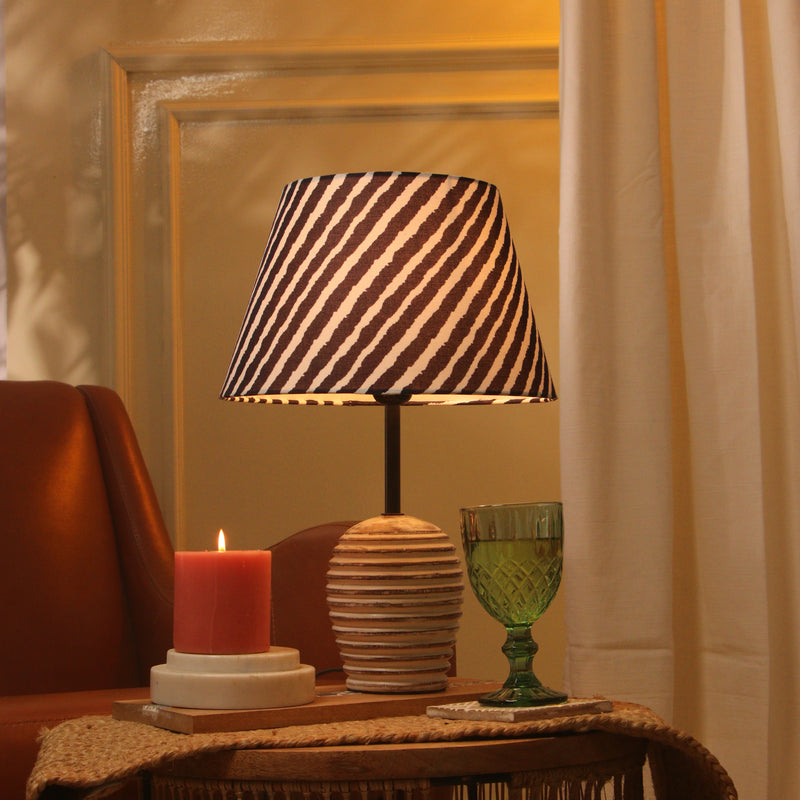 White Distressed Lamp With Striped Shade