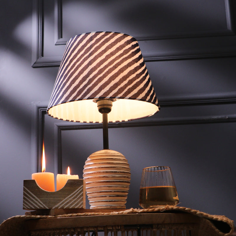 White Distressed Lamp With Striped Shade