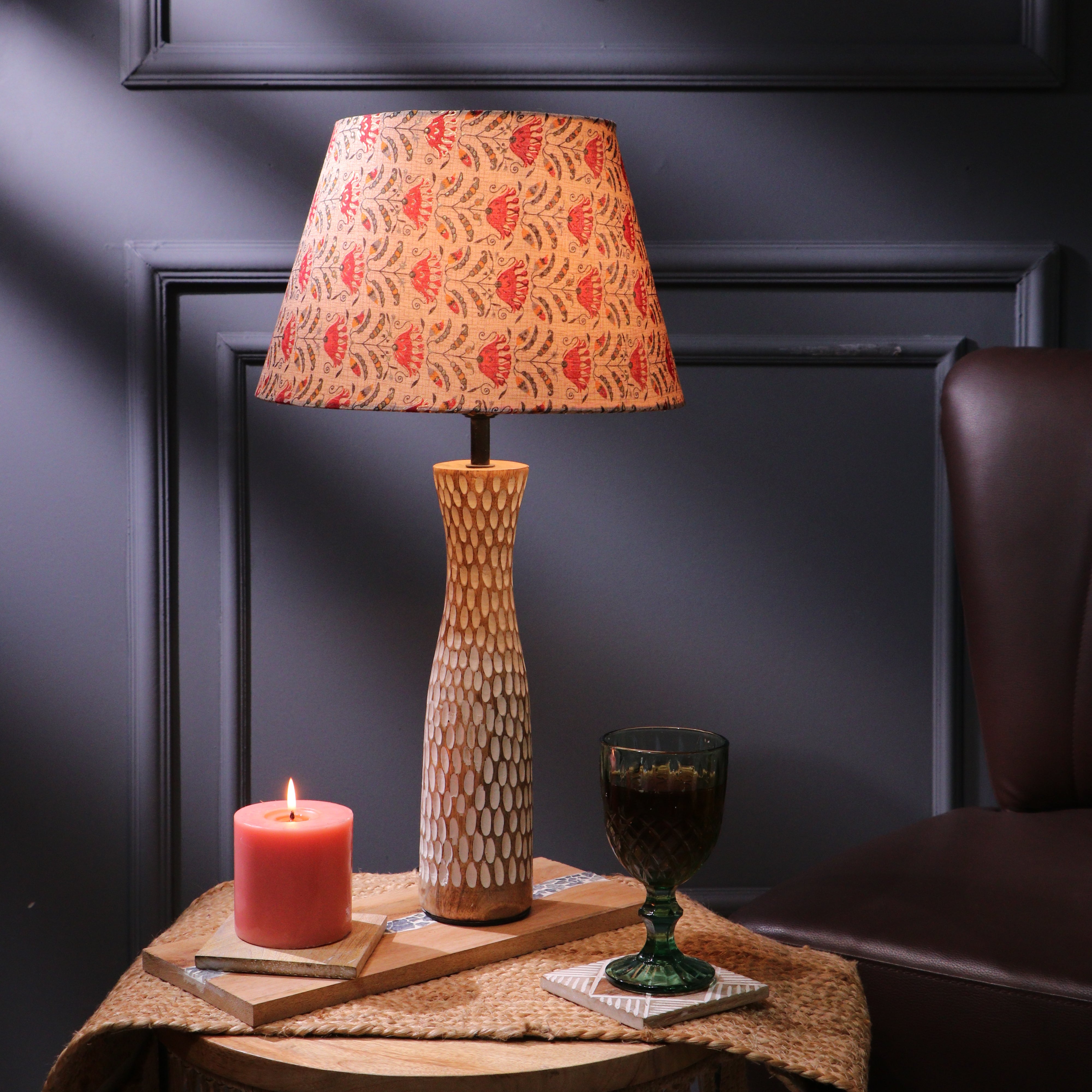 Textured Lamp With Red Floral Shade – The Decor Mart