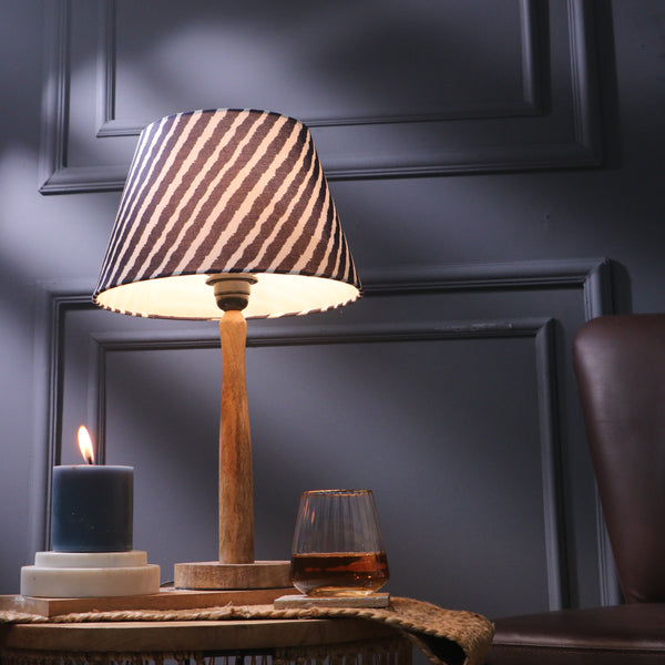 Wooden Pillar Lamp With Striped Shade
