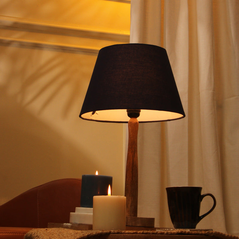 Wooden Pillar Lamp With Blue Shade