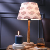 Wooden Pillar Lamp With White Printed Shade