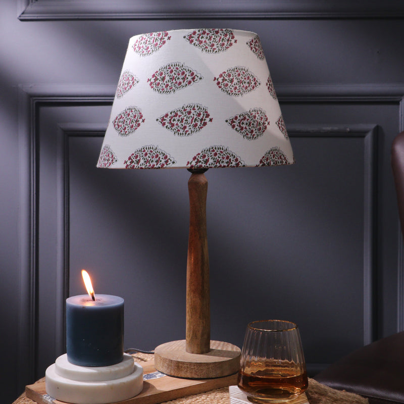 Wooden Pillar Lamp With White Printed Shade