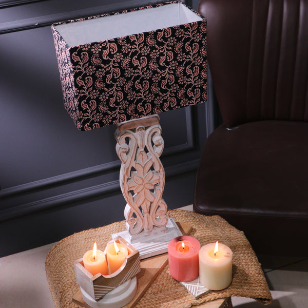 Wooden Carved Lamp With Traditional Black Shade