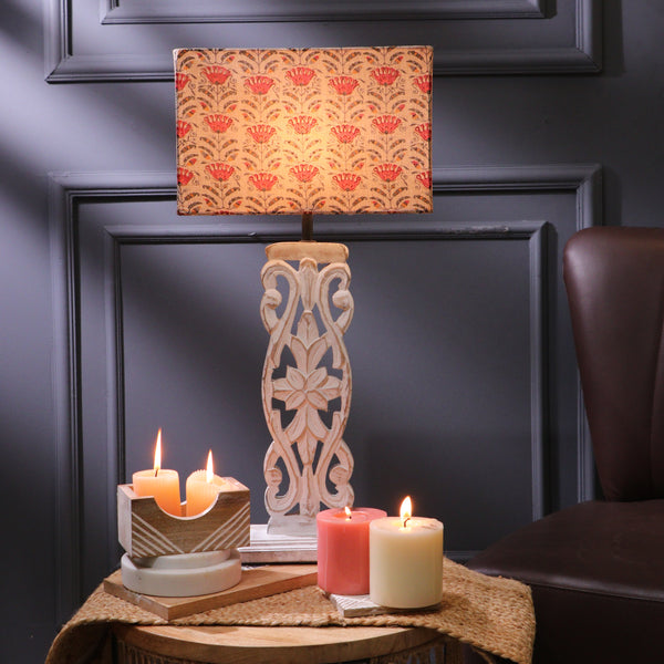 Wooden Carved Lamp With Floral Beige Shade