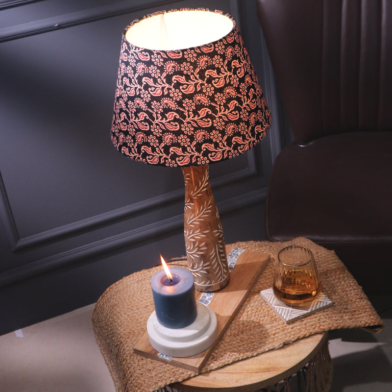 Brown Leaf Impressed Lamp With Traditional Black Shade