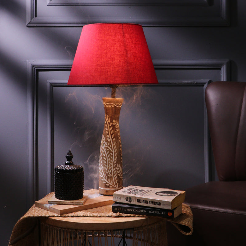 Brown Leaf Impressed Lamp With Red Shade