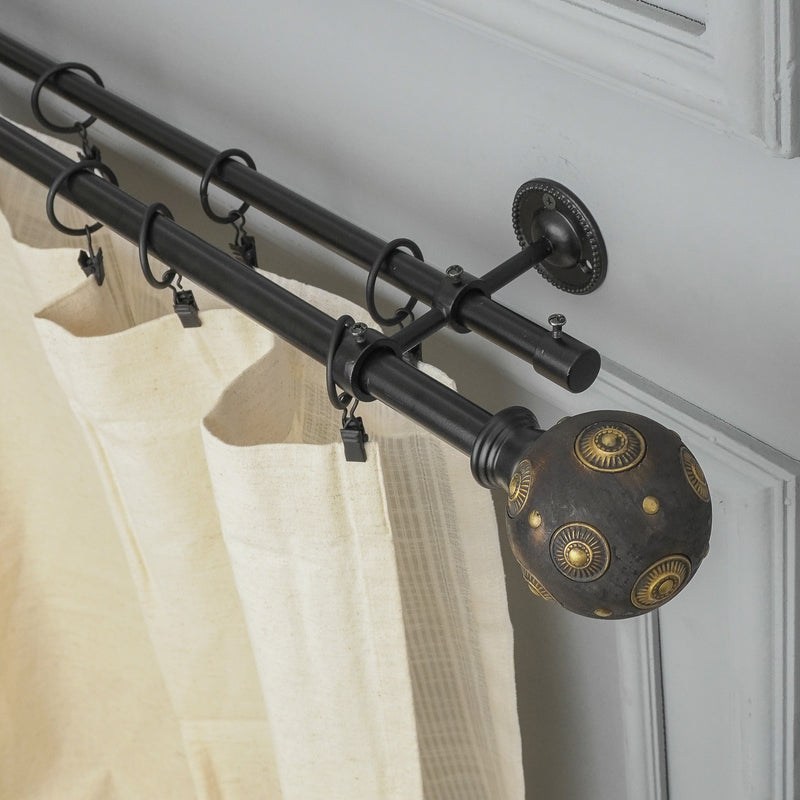 Mughal Metal Wood Blend Finial Extendable Double Curtain Rod Black 19MM (Hardware Included)