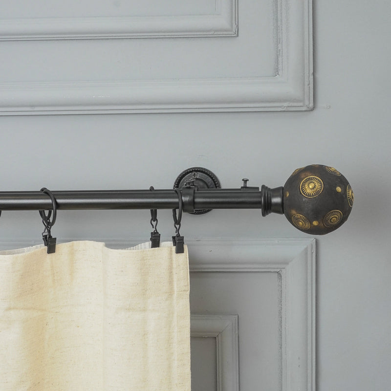 Mughal Metal Wood Blend Finial Extendable Double Curtain Rod Black 19MM (Hardware Included)