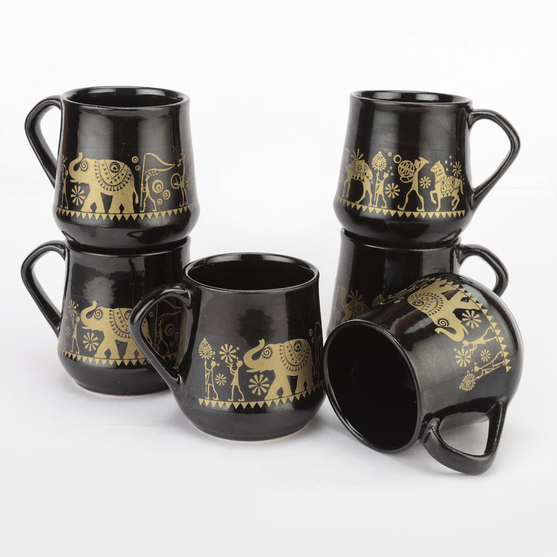 Ceramic Tribal Art Black Mugs  Set of 6