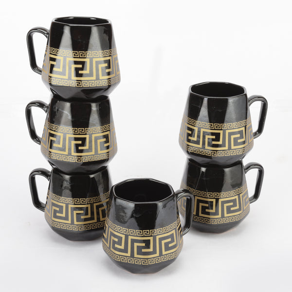 Ceramic Fret Black Mugs- Set of 6