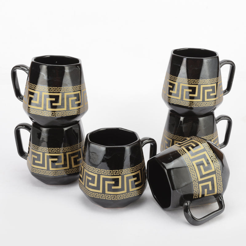 Ceramic Fret Black Mugs- Set of 6