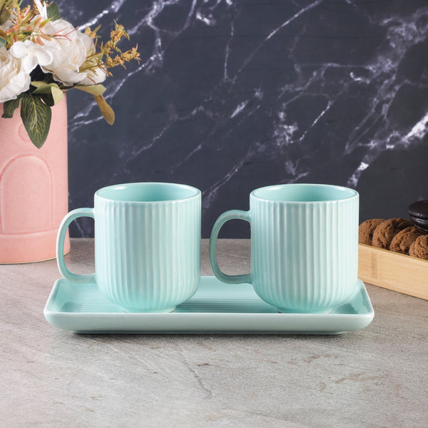 Combed Mug Set with Tray- Aqua (Set of 2)